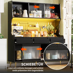 Modern Tall Cabinet with LED & App Control, Drawer, Pegboard Storage - Black