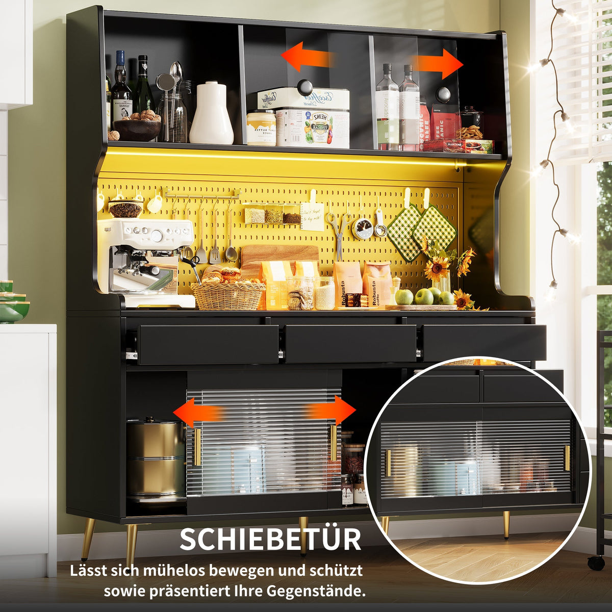 Modern Tall Cabinet with LED & App Control, Drawer, Pegboard Storage - Black