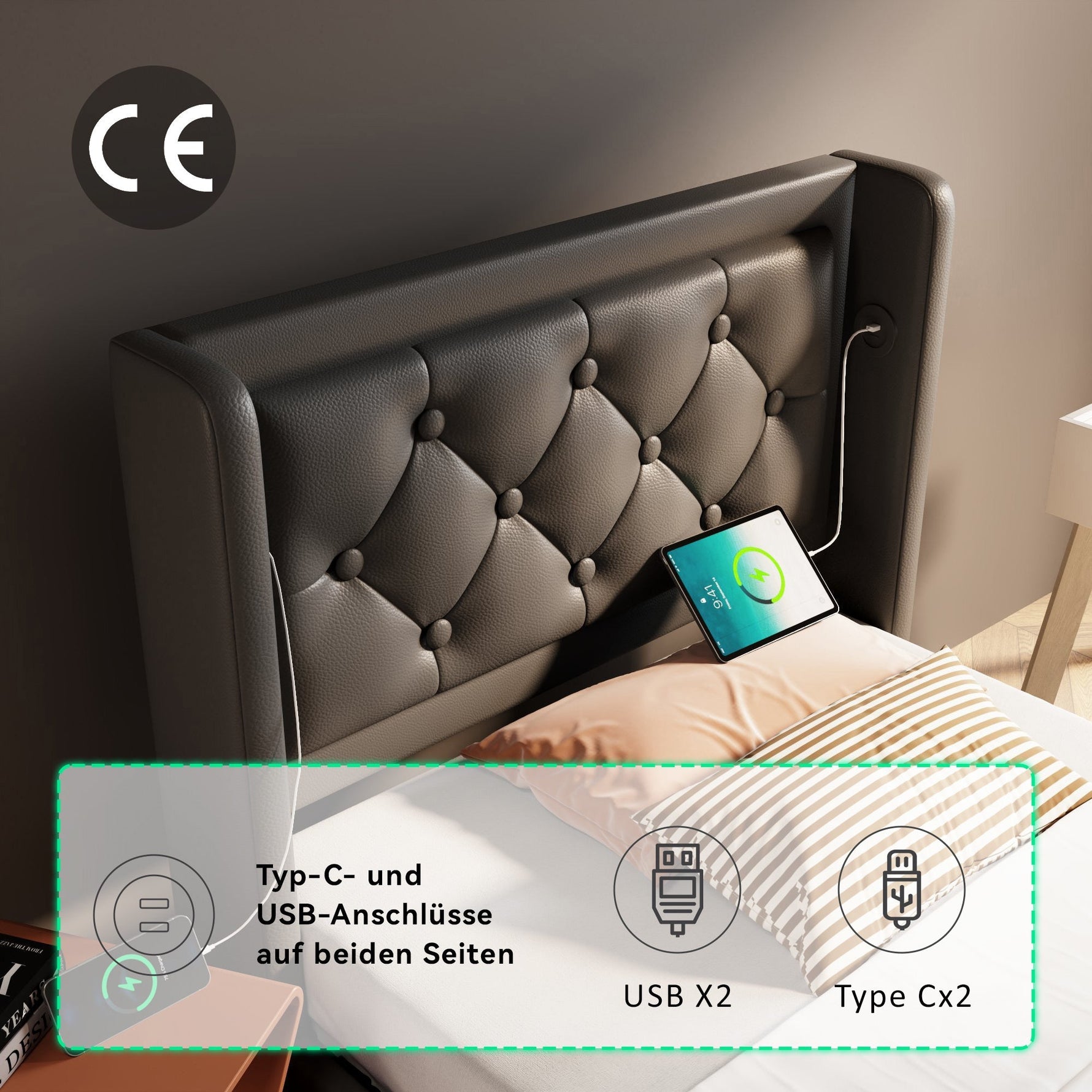 Upholstered Bed, 90x200cm Hydraulic Storage with USB, LED, Black PU