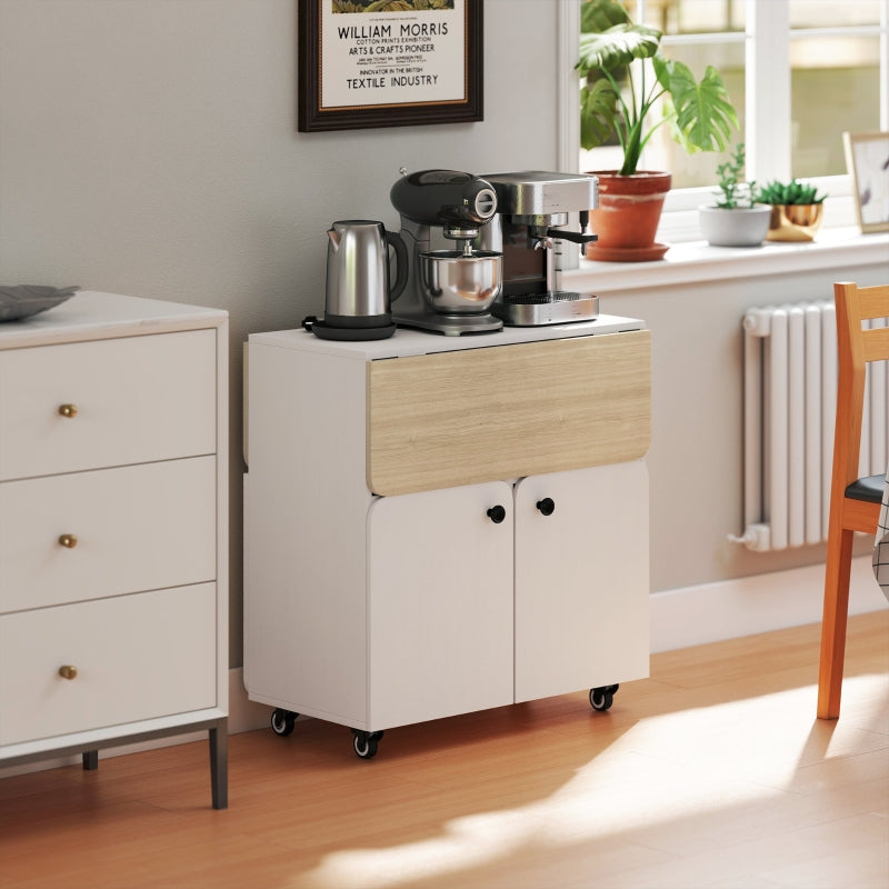 Folding Table with Rolling Cabinet, Two Folding Sides, 4 Casters, White + Natural Wood