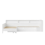 Wooden L-Shaped Platform Bed with Pull-Out Bed and Drawer, White