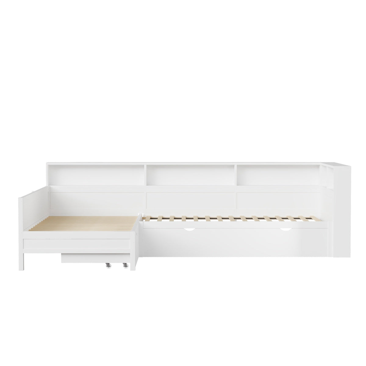 Wooden L-Shaped Platform Bed with Pull-Out Bed and Drawer, White