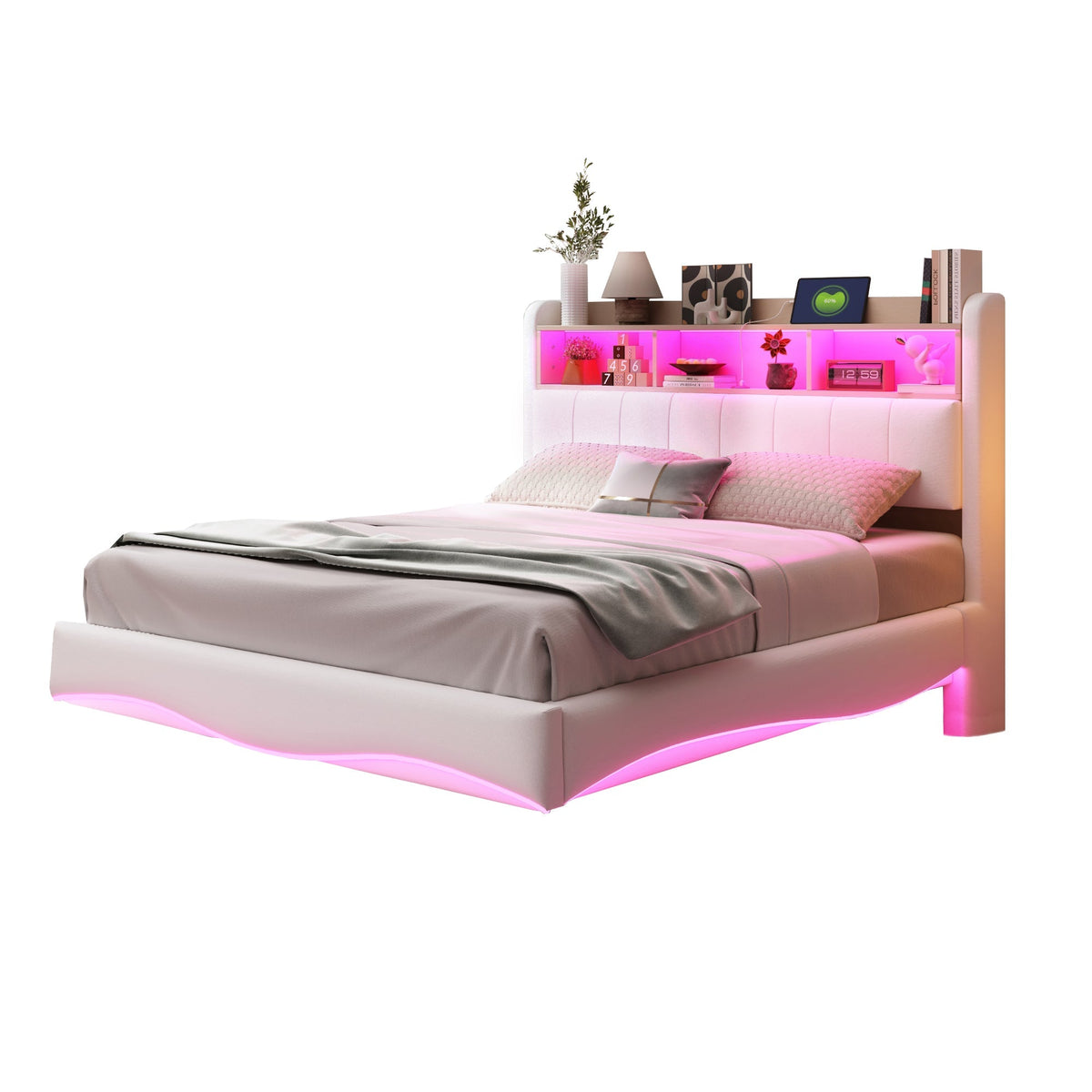 Suspended Design Upholstered Bed 140*200, Multifunctional Storage with LED, USB & Type-C, Linen Fabric Beige
