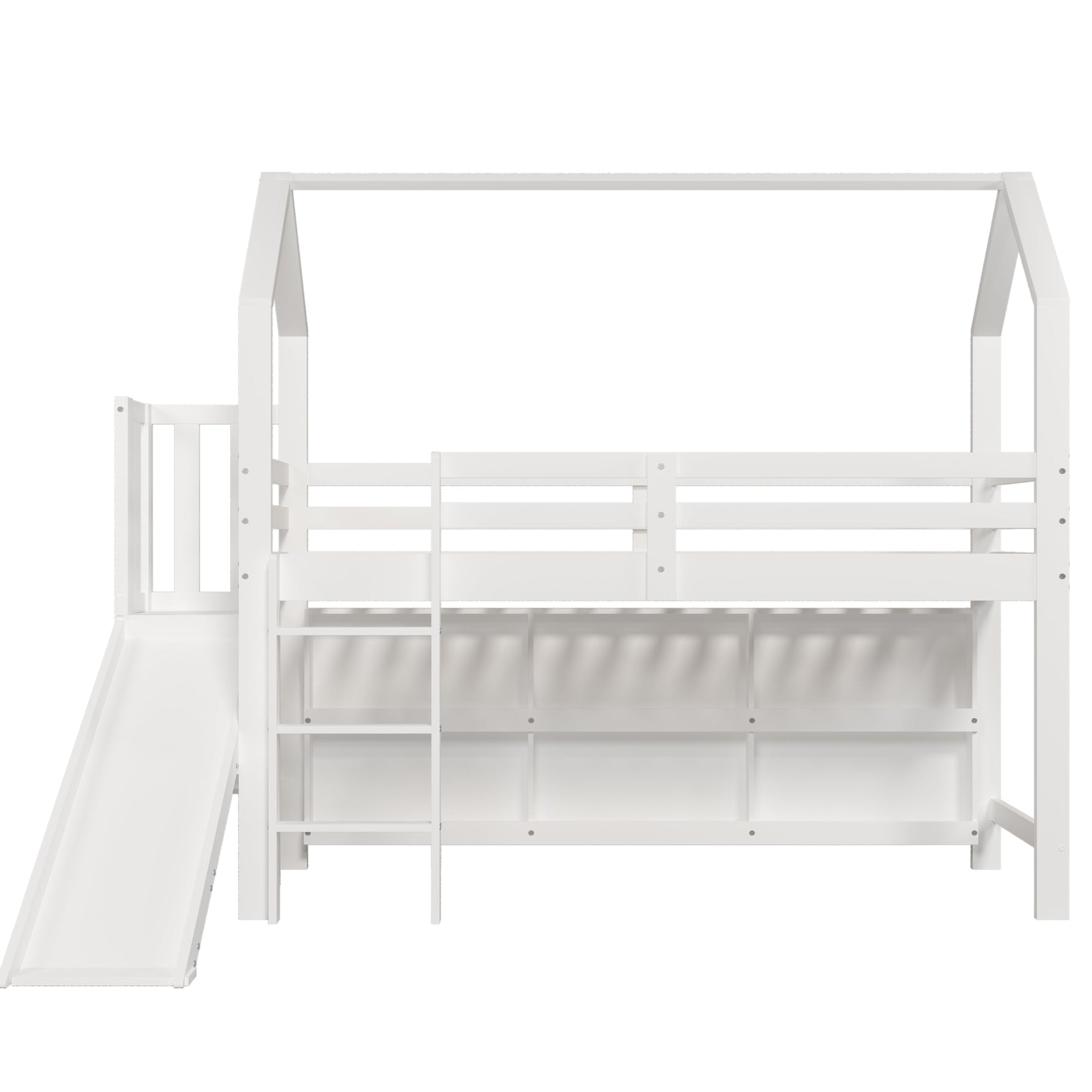 Multifunctional Children's Single Bed with Slide, Stairs and Storage, White Solid Wood and MDF