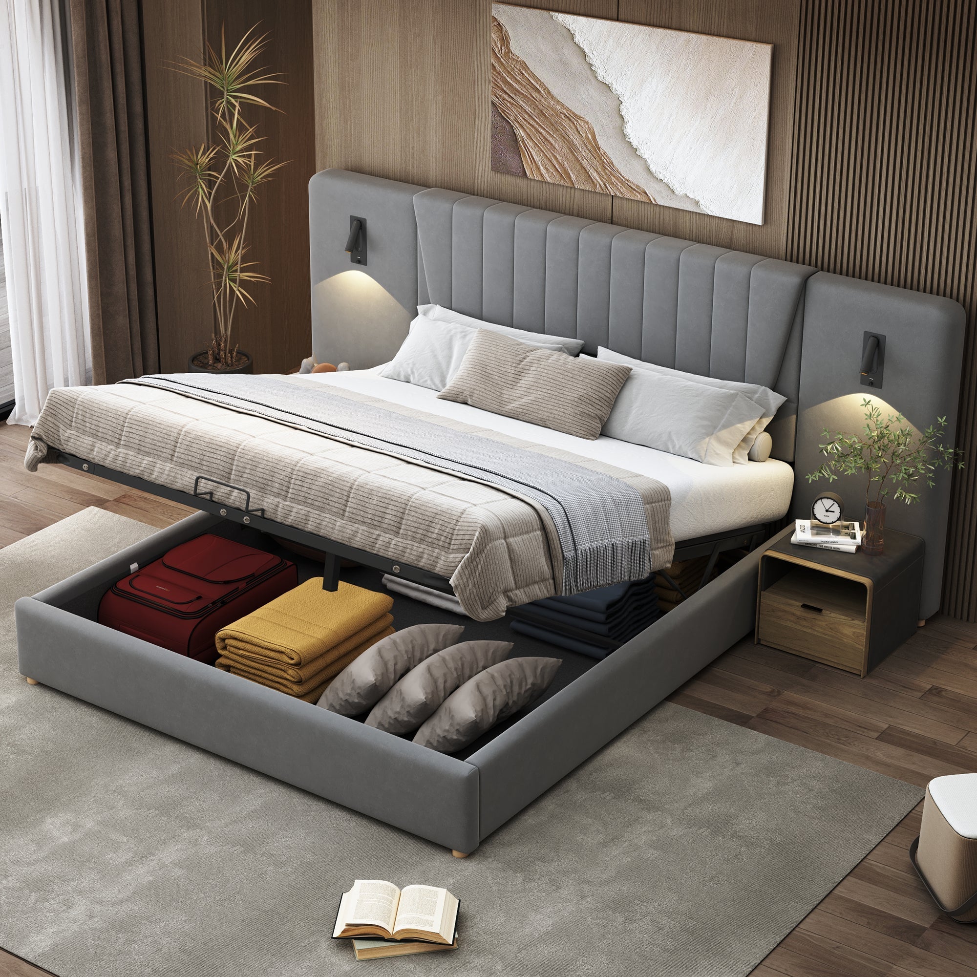 Upholstered Bed 180x200cm, Hydraulic Storage with USB & Reading Lamp, Grey Velvet