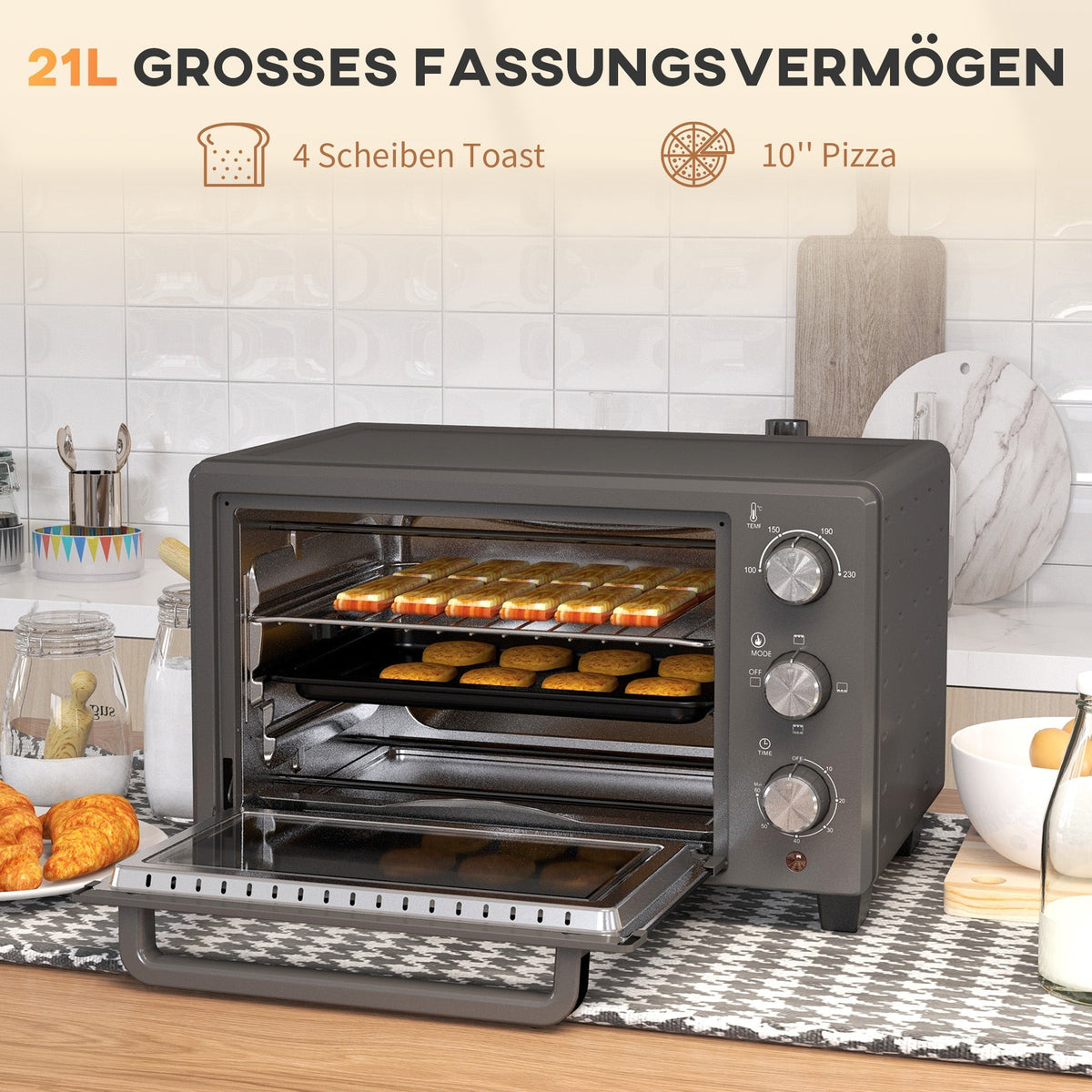 Mini Oven, 21L 1400W 60 Min. Timer, Stainless Steel, Gray