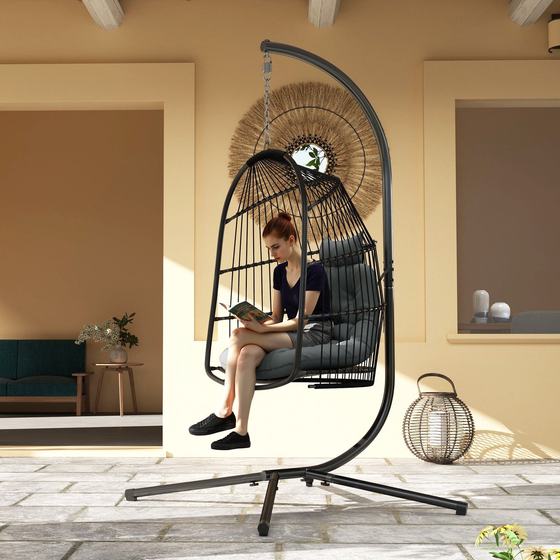 Hanging Chair, Foldable Polyrattan Swing, 150kg Capacity, Dark Gray