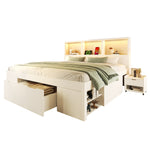 Double Bed 140x190cm with Storage, LED & USB, White Wood