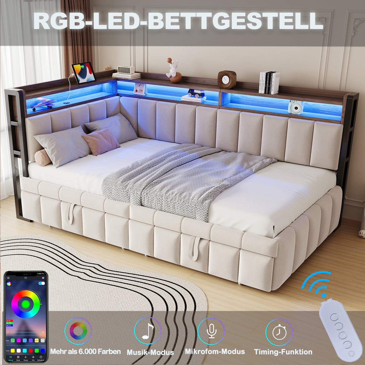 Upholstered Sofa Bed 90x200cm with Pull-Out Bed & LED, Beige Velvet