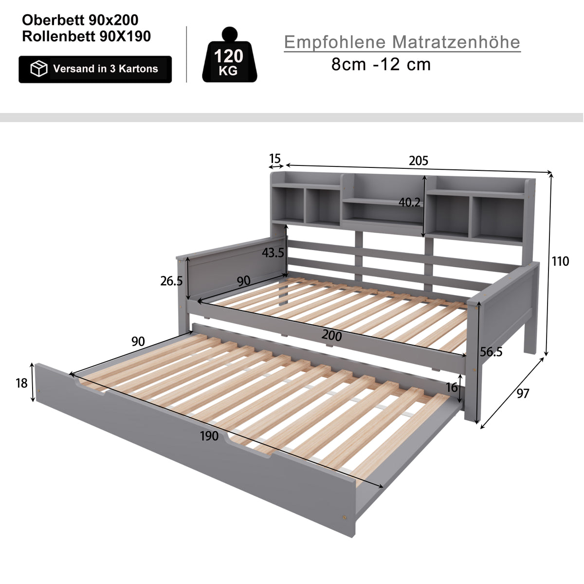 Extendable Sofa Bed 90x200cm with Storage, Grey Solid Wood