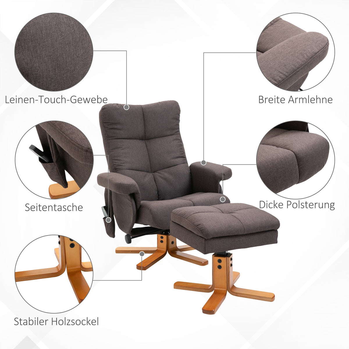 Reclining Massage Chair Footstool Storage 145° Recline, Brown Polyester