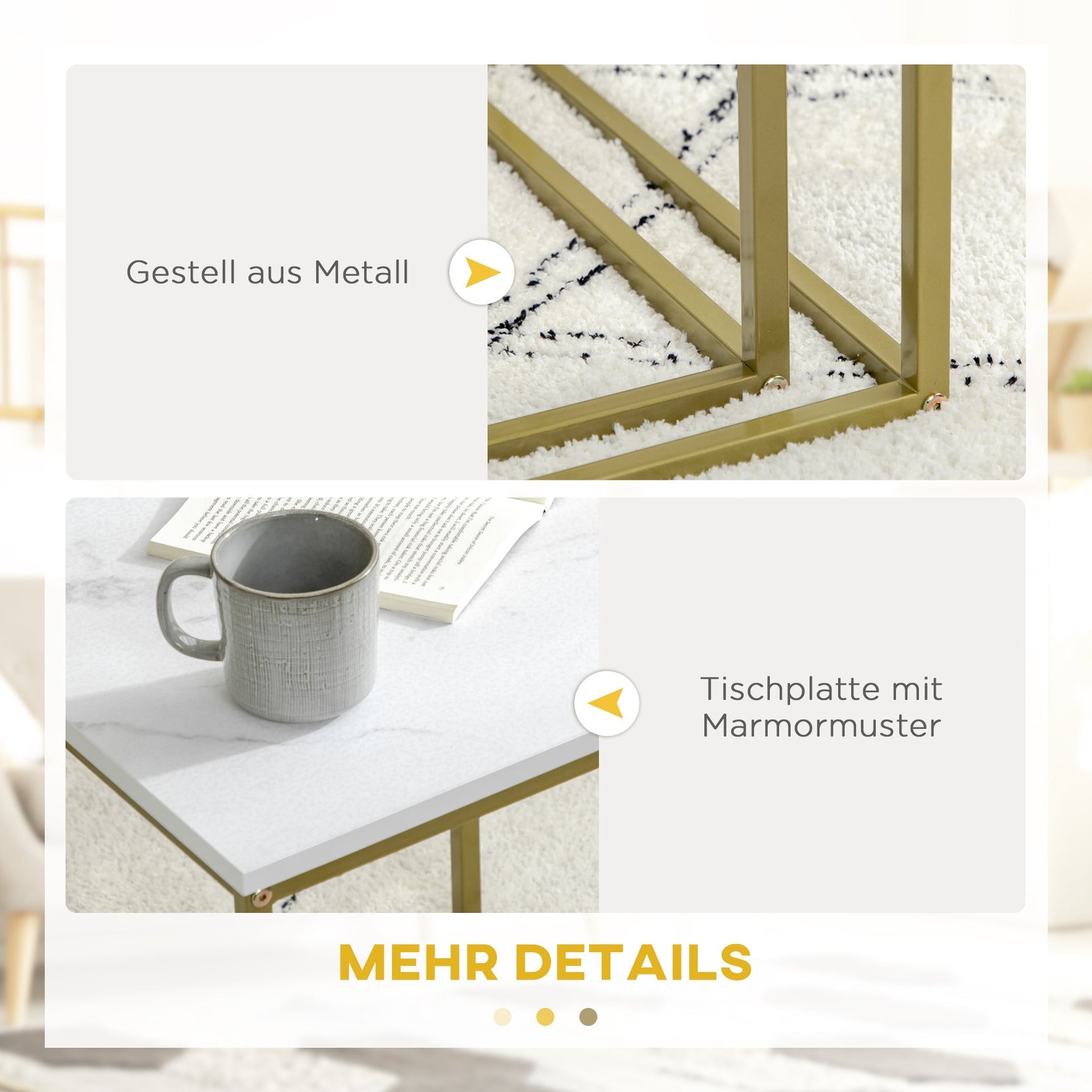 Coffee Table Set, Nesting Side Sofa Tables, Steel Frame, White