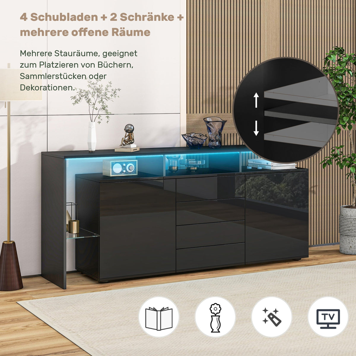 Highboard Sideboard with LED Lighting High-Gloss - Black