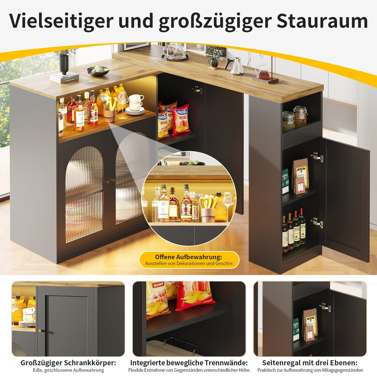 Bar Table, 360° Rotating with LED Light, Matte Black