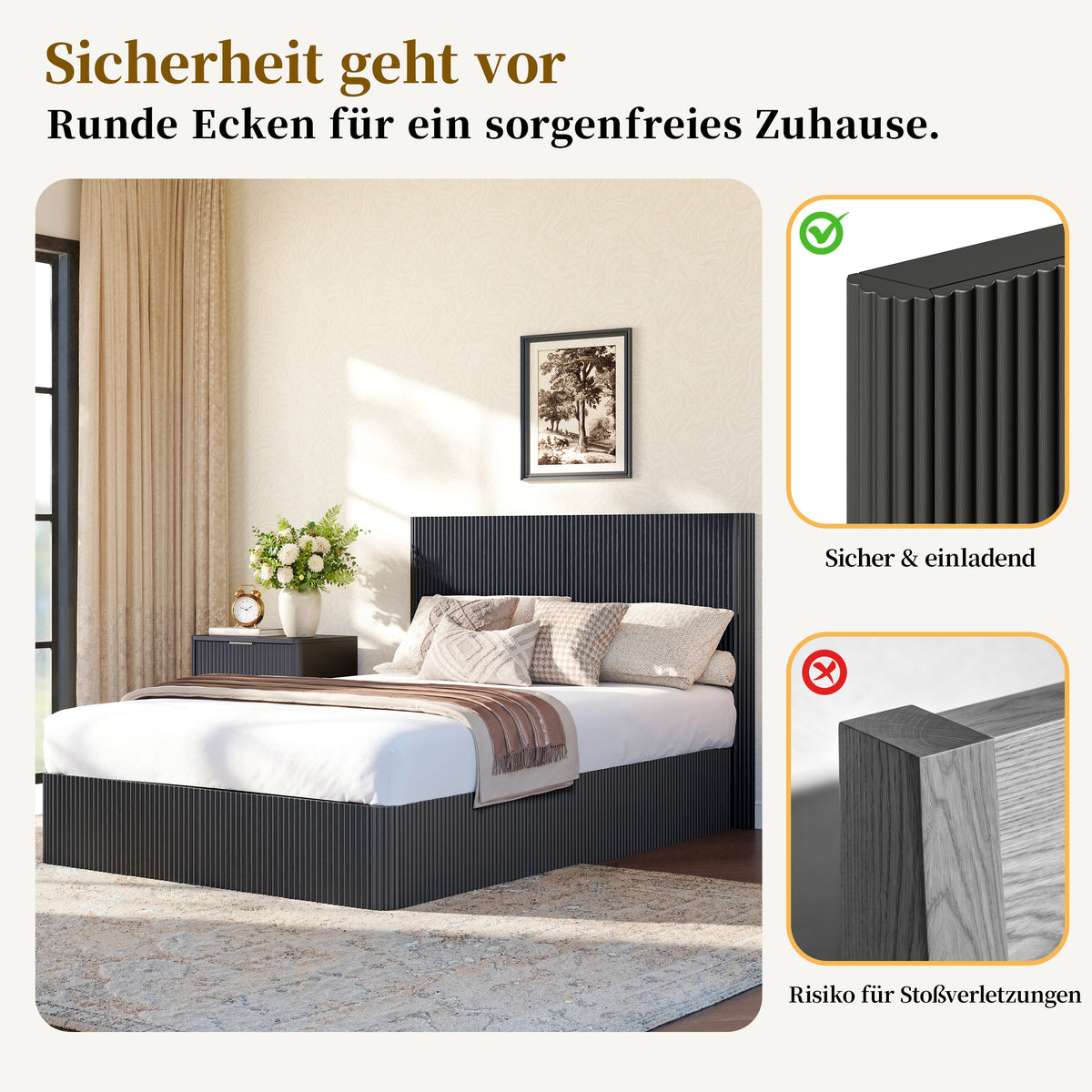 Modern Bed with Hydraulic Lift & Storage, 140x200 cm - Black