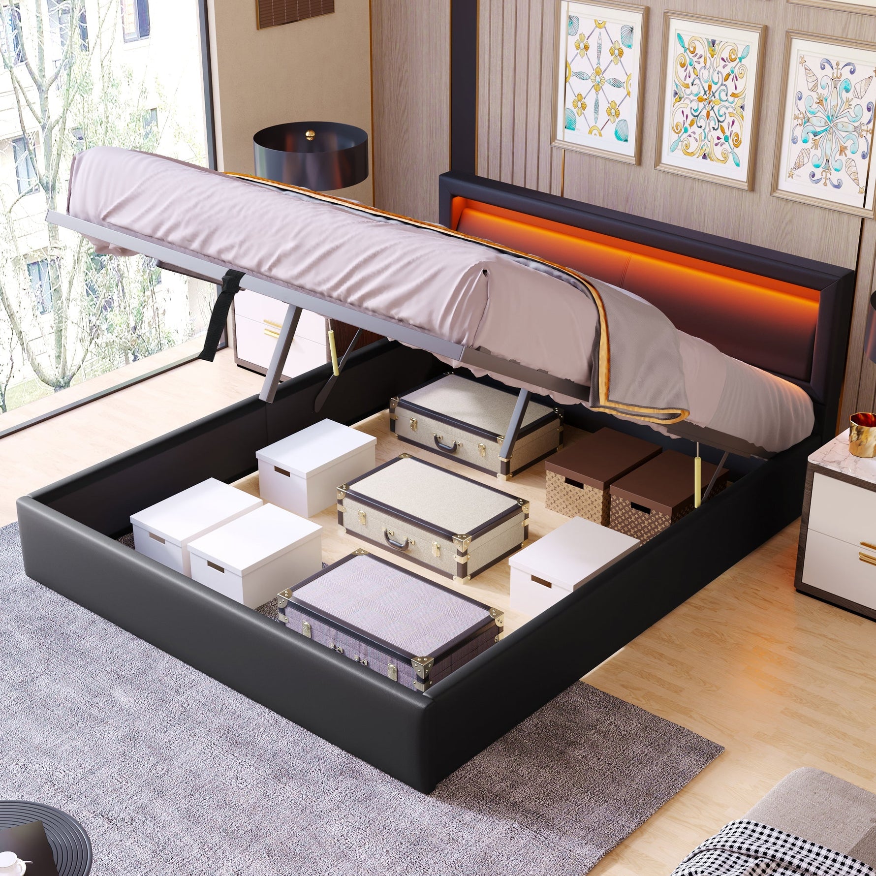 Upholstered Bed with LED Headboard, Storage and Slatted Base, 140x200cm, Black Faux Leather and Wood