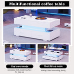 Hydraulic Height-Adjustable Coffee Table, LED Lighting, Bluetooth Control, 2 Drawers, White