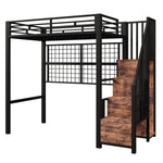 Loft Bed 90x200cm with Wardrobe & LED Lights, Black Iron Frame