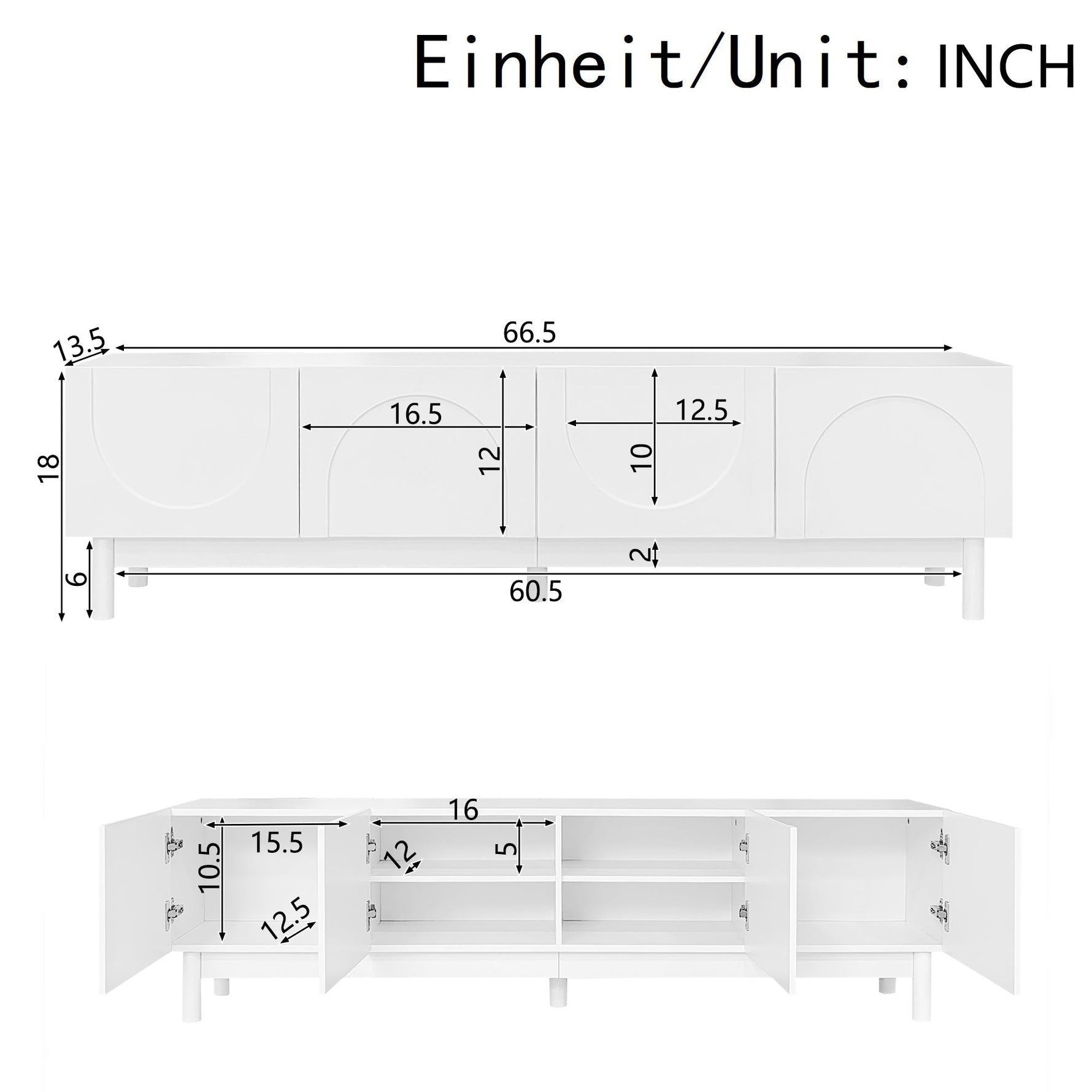 Lowboard TV Cabinet with Curved Doors, Shelves & Stabilizing Legs
