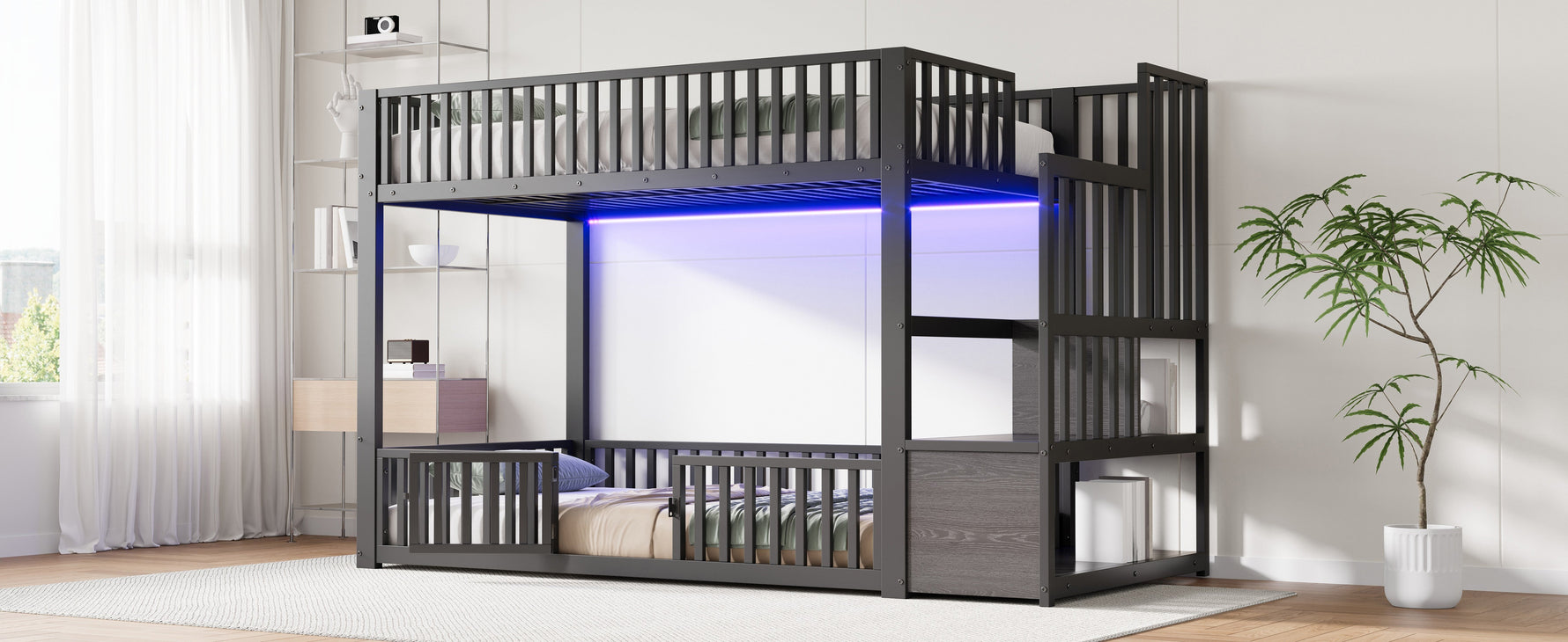 Bunk Bed with Storage Ladder and LED, 90x200cm, Black Metal