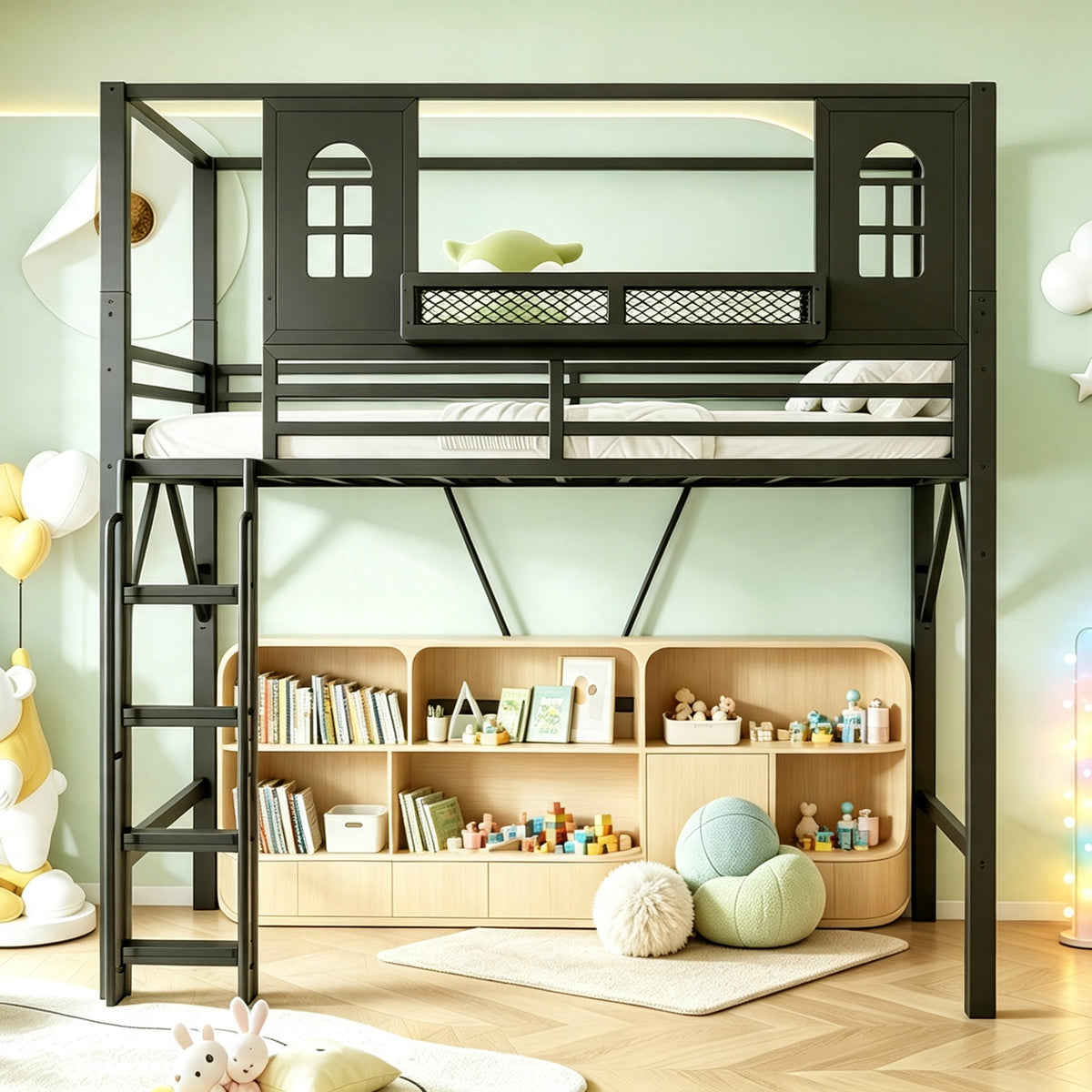 Children's Loft Bed 90x200cm with Roof & Storage, Black Metal