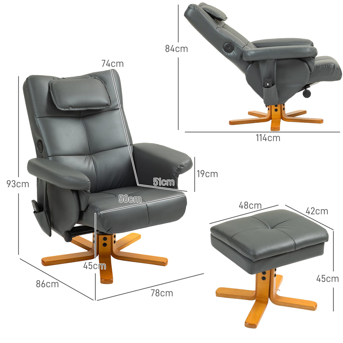 Recliner Chair with Reclining Function, Massage, Stool, Faux Leather, Dark Grey