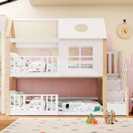 Bunk Bed, Storage Ladder House Bed with Safety Gate, Window & Roof, Pine+MDF White+Natural, 90x200cm