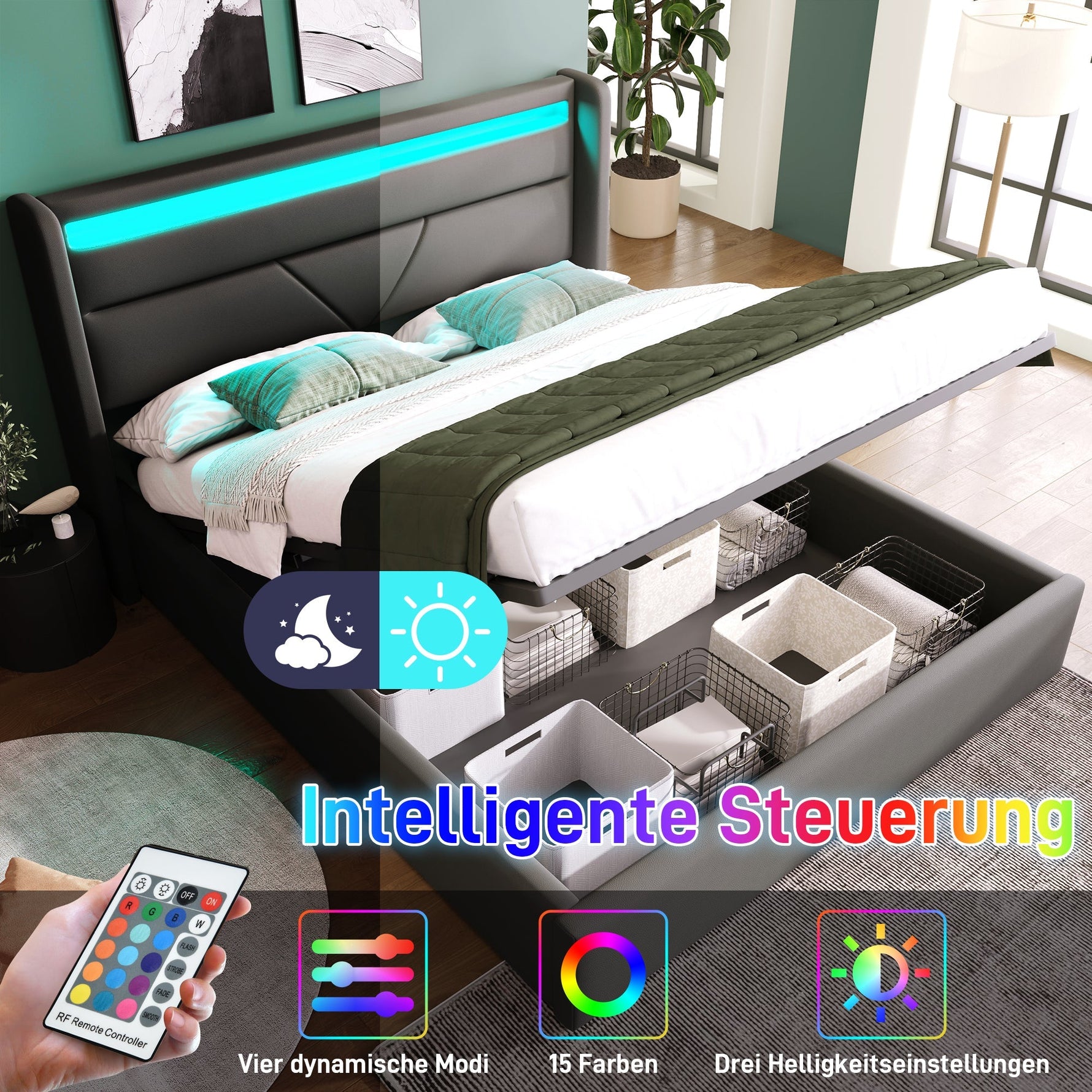 Hydraulic Storage Bed, LED, 140x200cm Upholstered, Gray