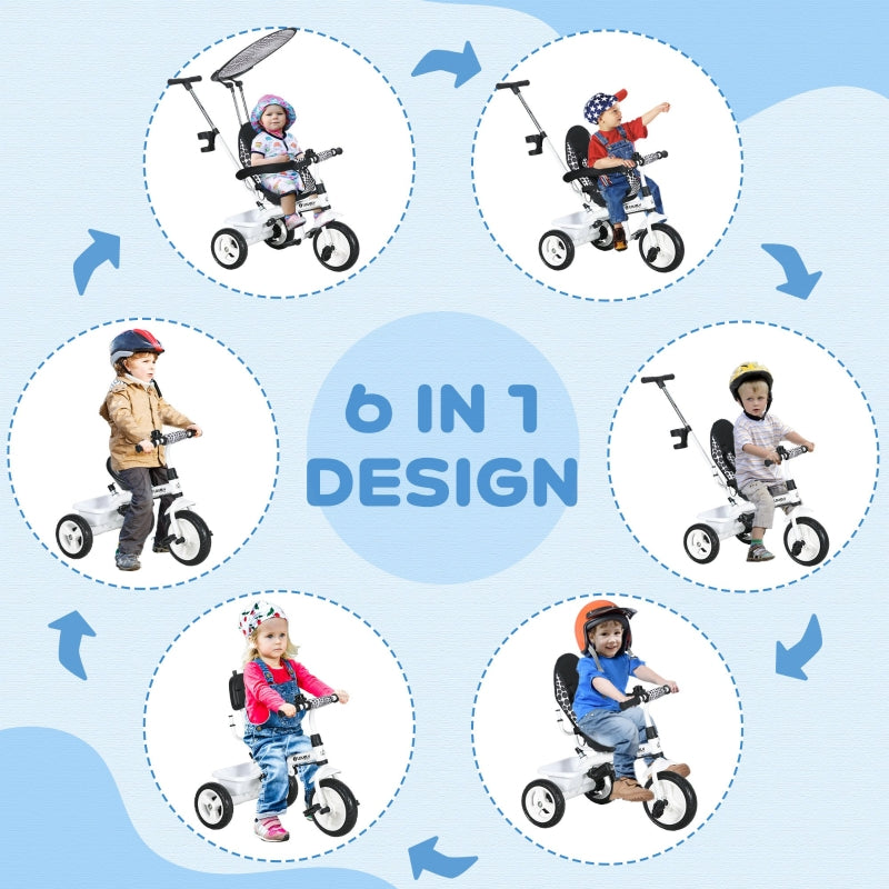 6-in-1 children's tricycle with push bar, roof, belt, storage basket, white