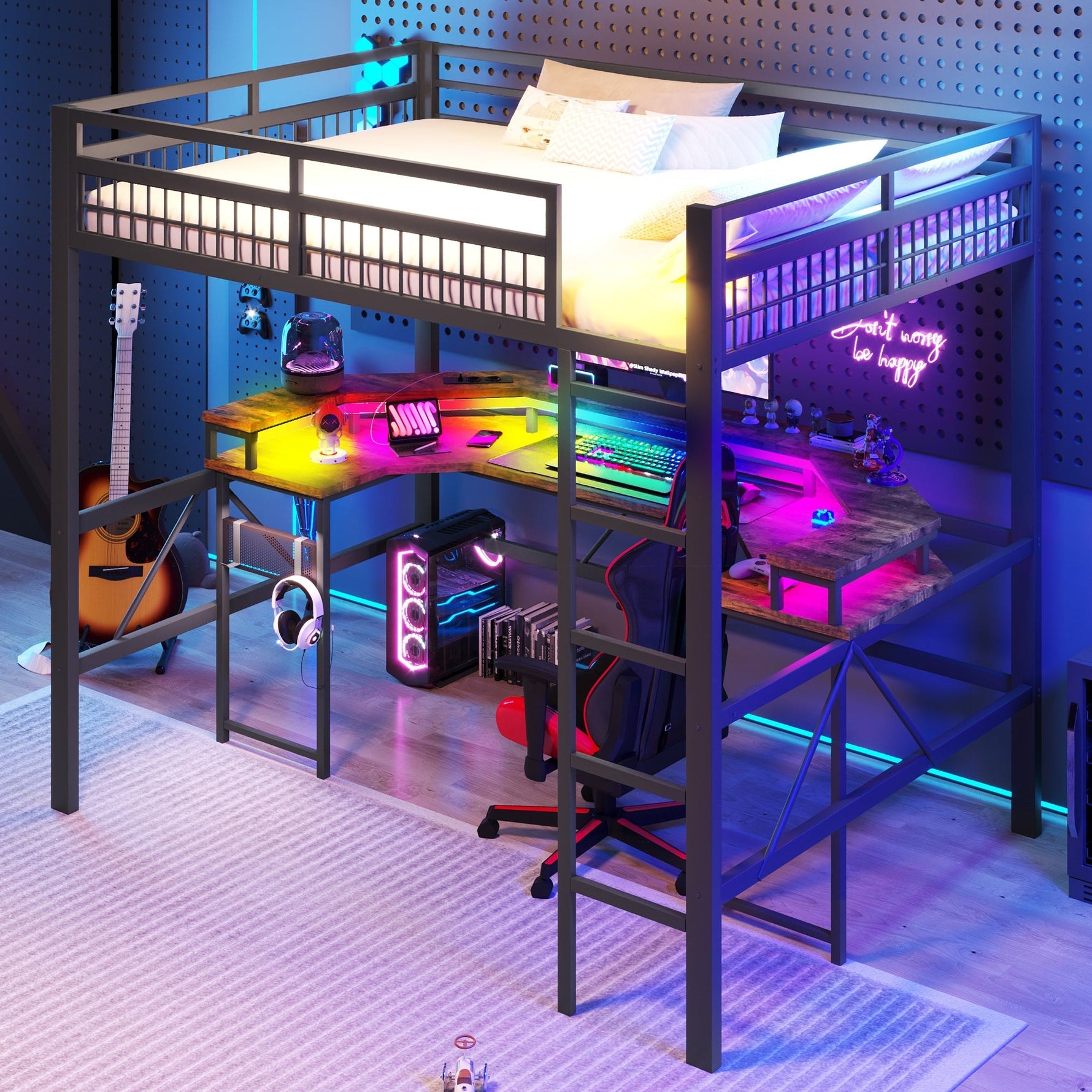 Loft Bed with Desk, LED Lights, Pegboard and Charging Ports, Black Iron Frame