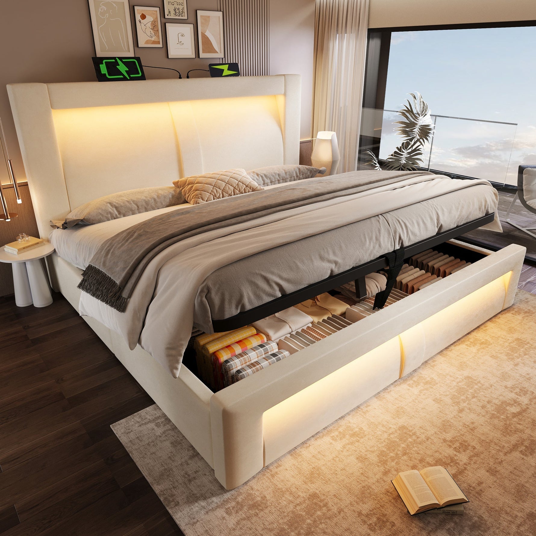 Double Bed 180x200cm Hydraulic Storage LED USB Charging Curved Headboard Beige Velvet