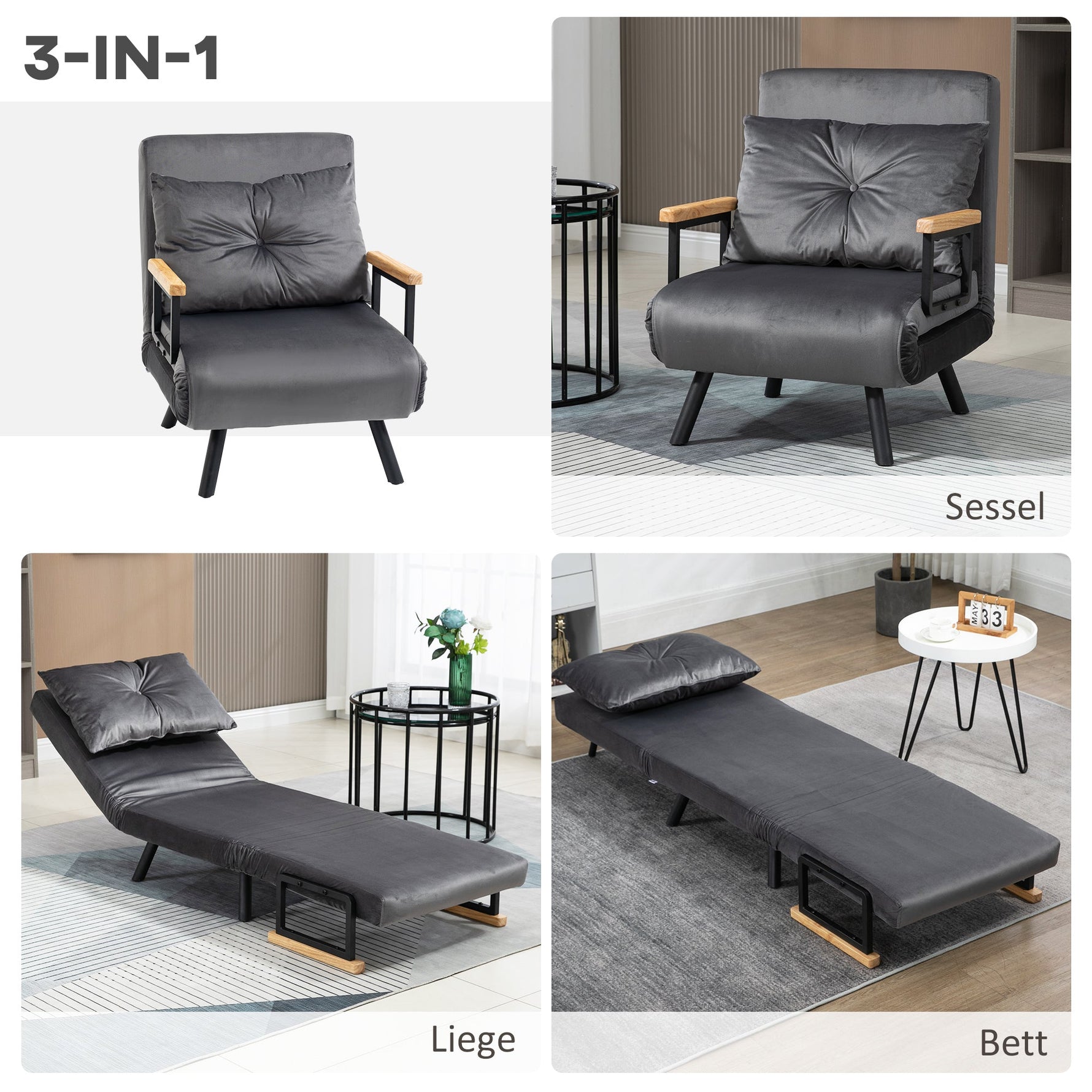 Sleeper Chair Single Sofa Bed Recliner Adjustable Backrest, Dark Grey Velvet