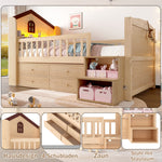 Mid-Height House Bed 90x200cm with Drawers & LED, Natural Wood
