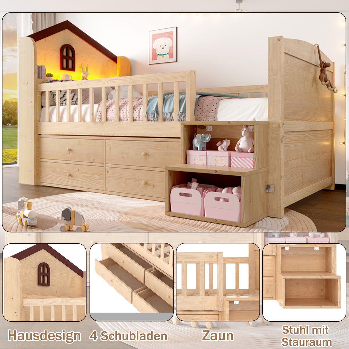 Mid-Height House Bed 90x200cm with Drawers & LED, Natural Wood