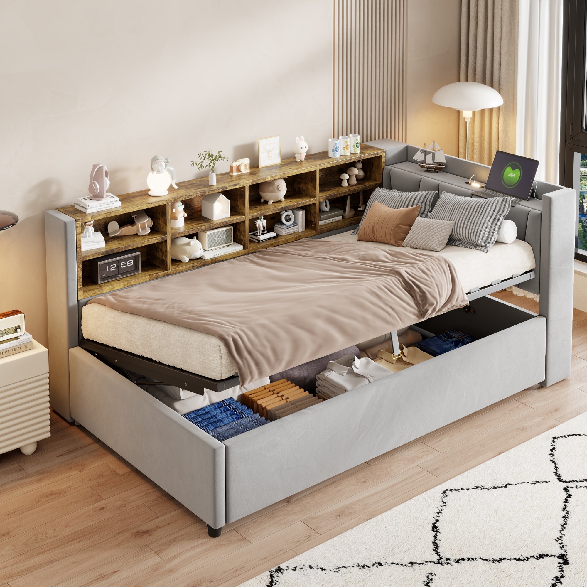 Upholstered Bed/Sofa Bed 90x200cm Hydraulic Storage USB/Type-C Charging Velvet Light Grey