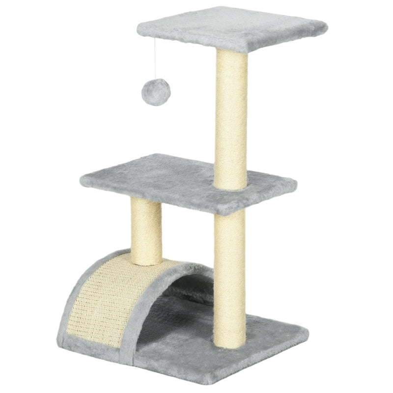 Cat Tree 72cm with Plush Balls, Sisal Posts, Platform, Scratching Board, Light Grey