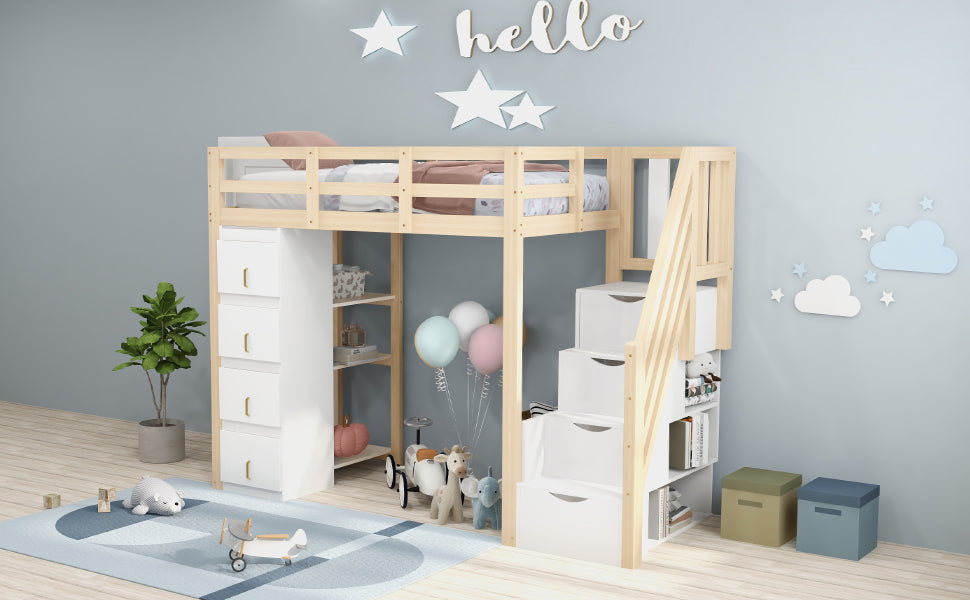 Loft Bed, 90 x 200 cm with Storage & Ladder, Solid Wood