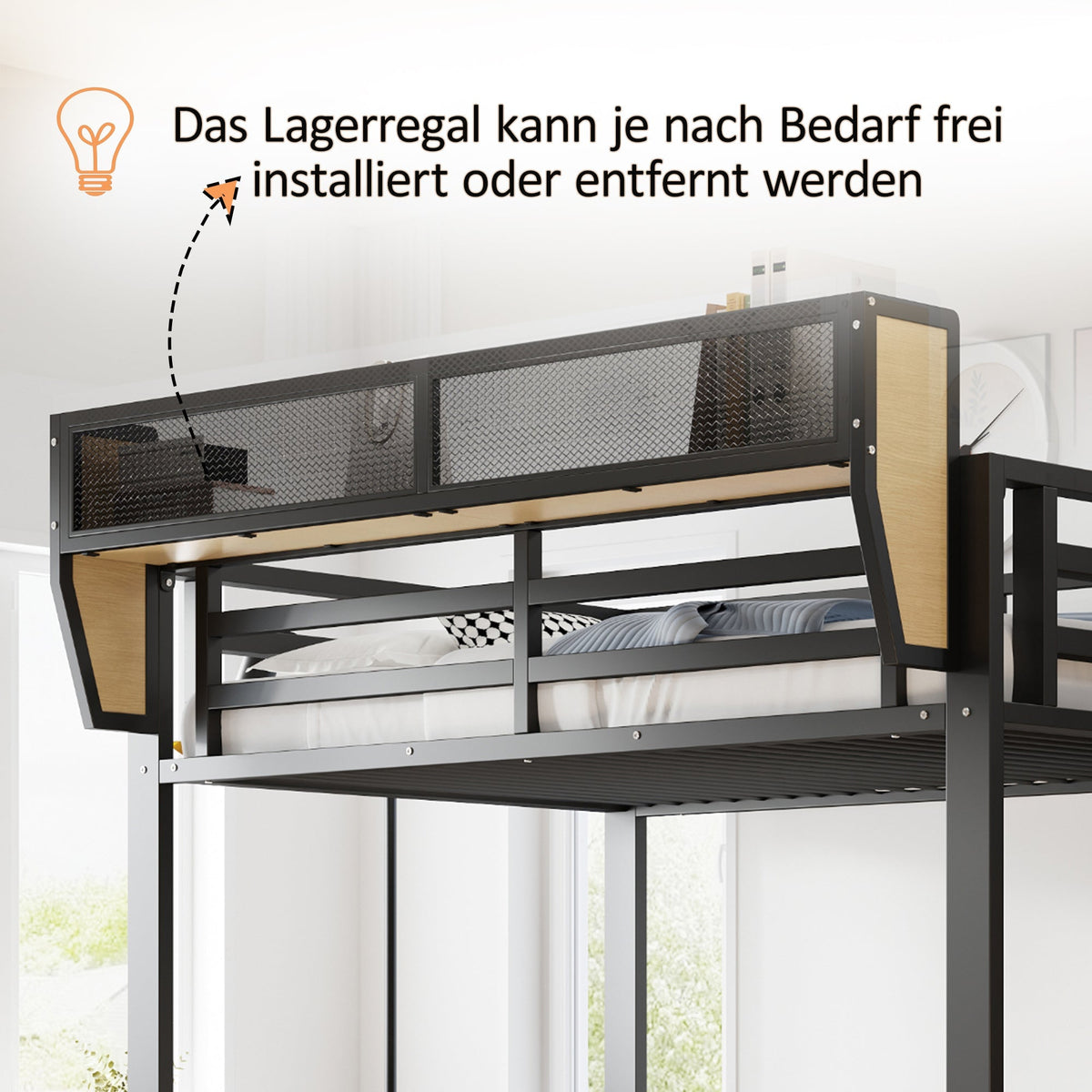 Metal Loft Bed with Desk, Shelf, LED Lighting and Socket, 90x200cm, Black Metal