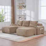 3-Seater Modular Sofa with Ottomans, Cup Holders and Side Pocket, Khaki Corduroy