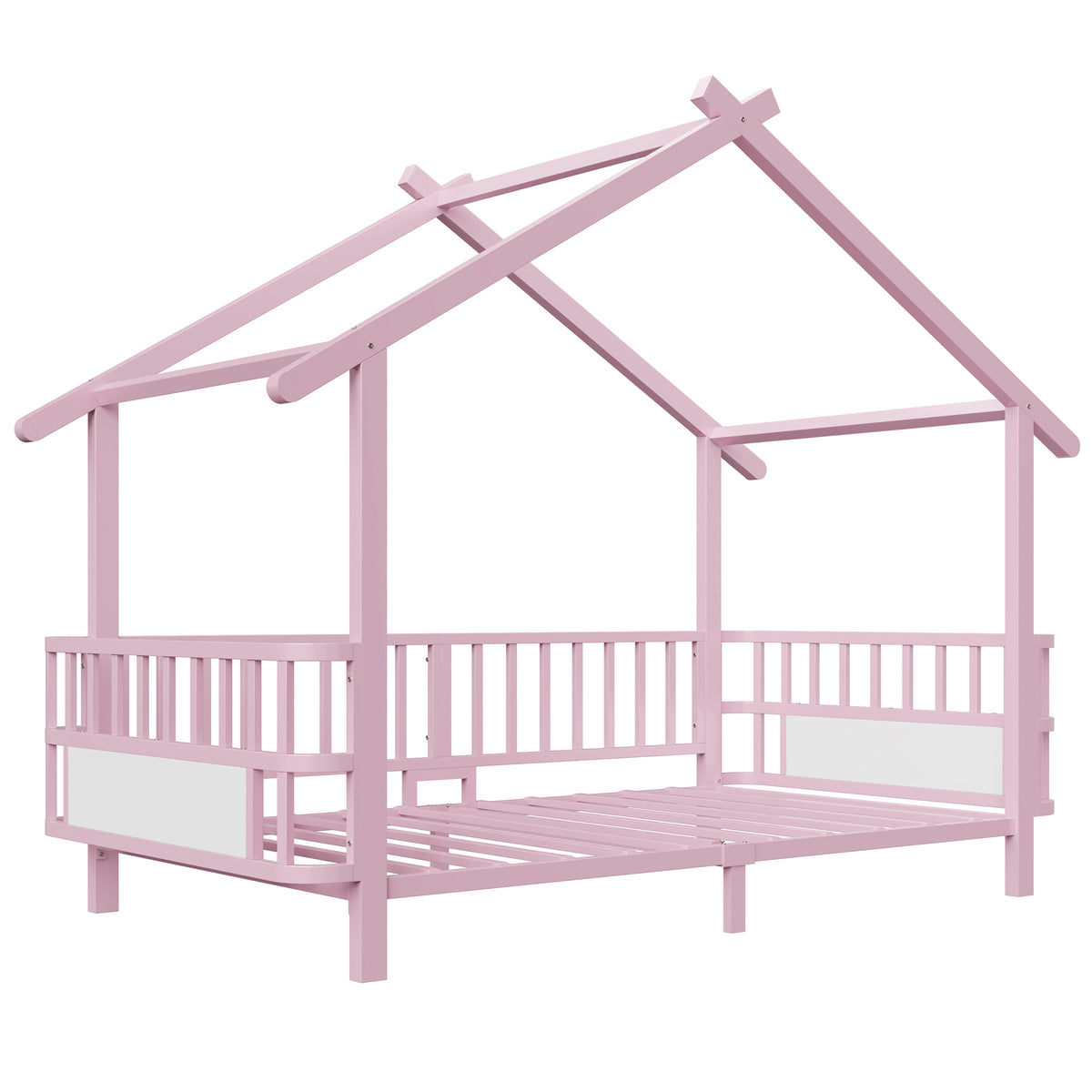 House Children's Bed Frame 90x200cm with Safety Rail, Pink Metal