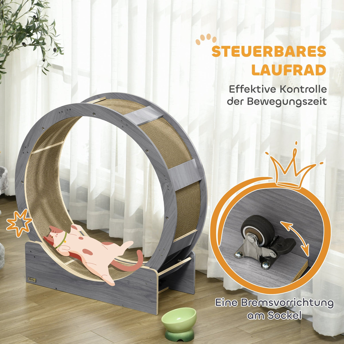 Cat Exercise Wheel, 91 cm, Brake & Scratching Board, Grey