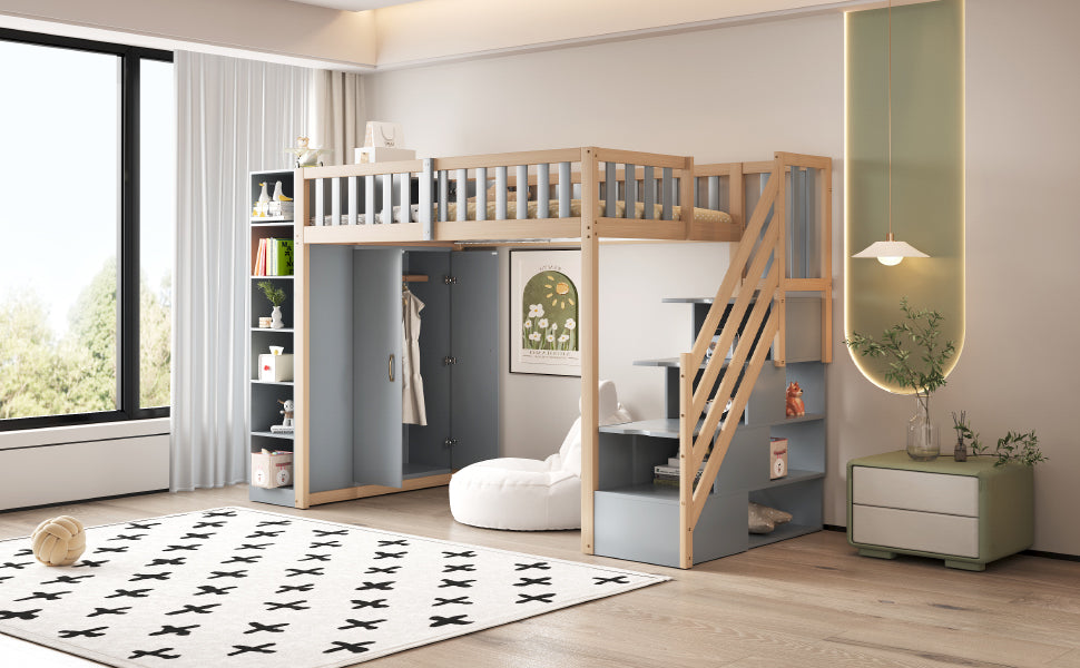 Loft Bed, Multifunctional with Shelves, Storage & Wardrobe, Grey + Raw Wood