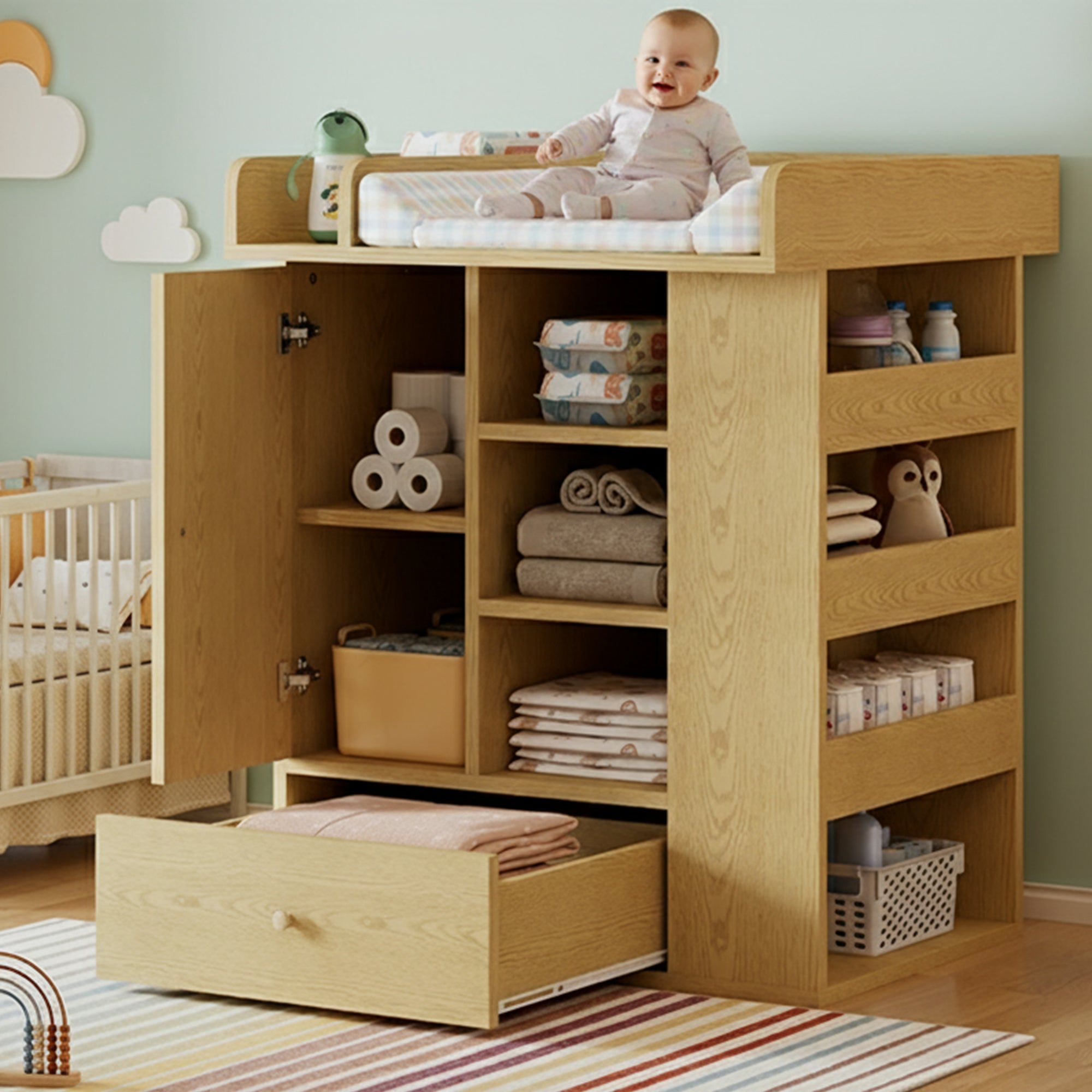 Changing Table with Cabinet, Drawer and Side Storage, Natural Wood Color