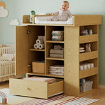 Changing Table with Cabinet, Drawer and Side Storage, Natural Wood Color