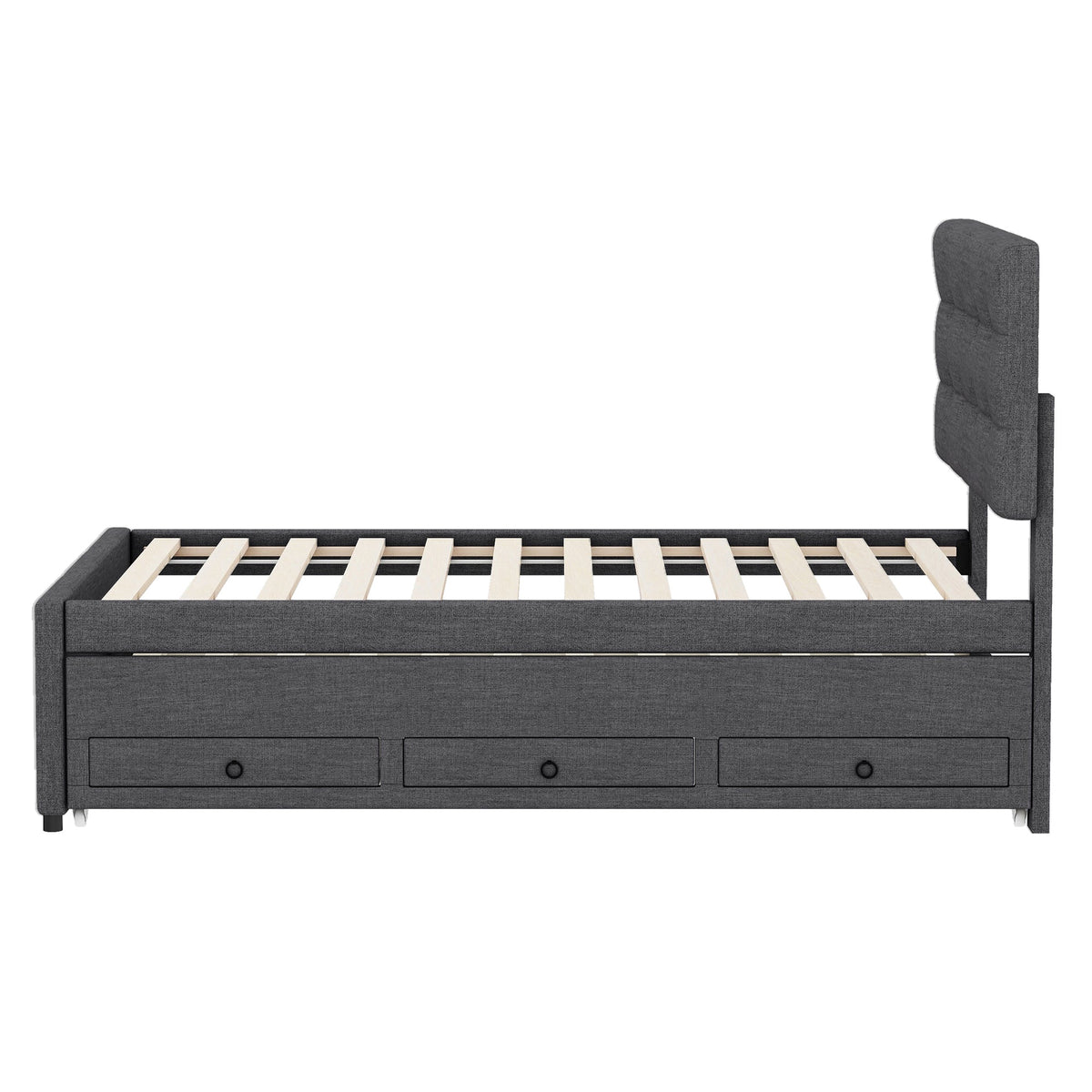 Upholstered Bed 90x200cm Pull-out Trundle 3 Drawers Adjustable Headboard - Grey