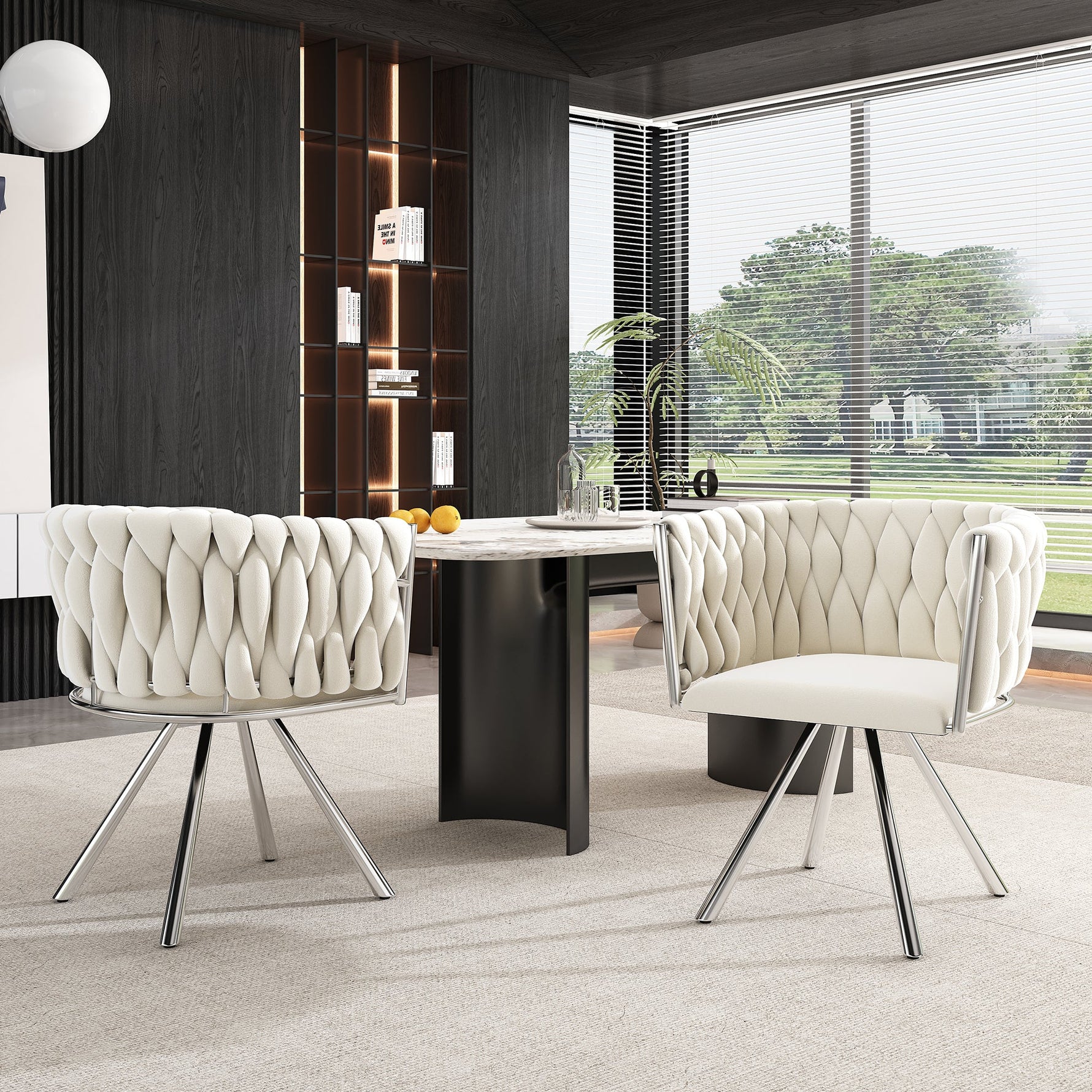 Velvet Dining Chair, Set of 4 Luxury Swivel Leisure Chairs with Metal Legs, Beige and Silver