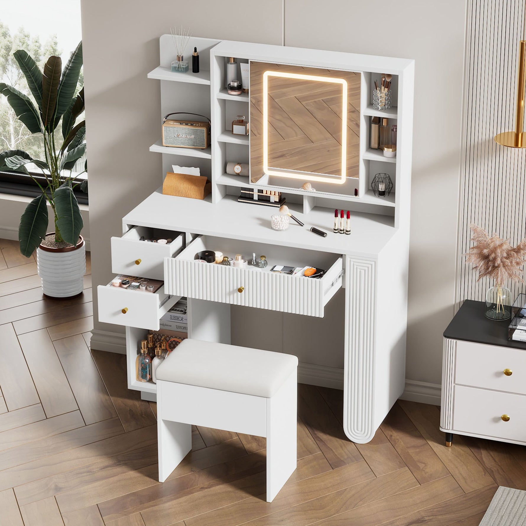 Illuminated Dressing Table with Mirror and Stool, Adjustable Brightness and Storage Drawers, White