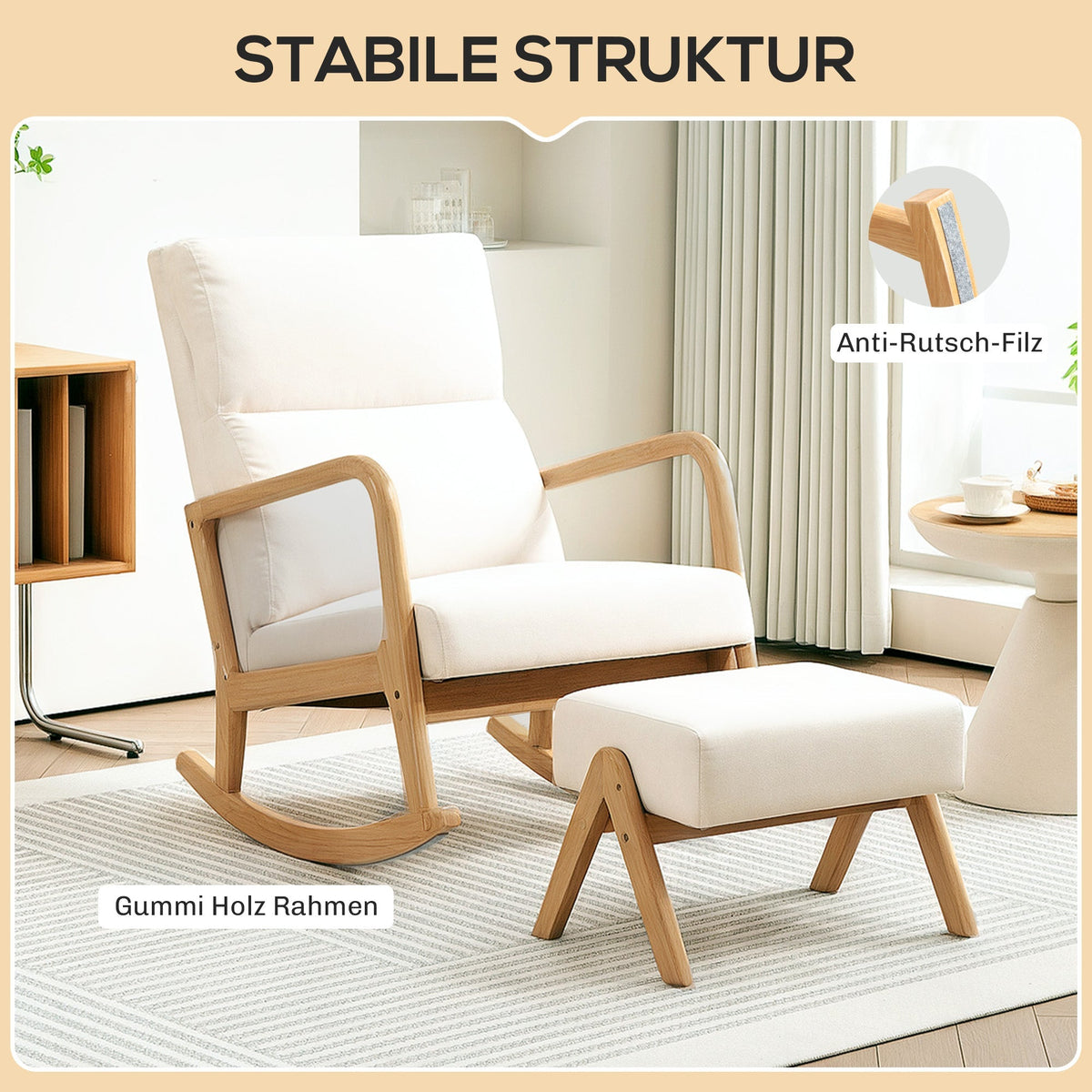 Rocking Chair Footstool Recliner Wooden Legs Linen Look Cream White