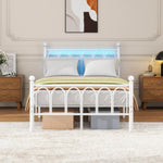 Metal Bed Frame 120x200cm, Vintage Headboard & Footboard with USB & LED, Heavy-Duty Steel, White