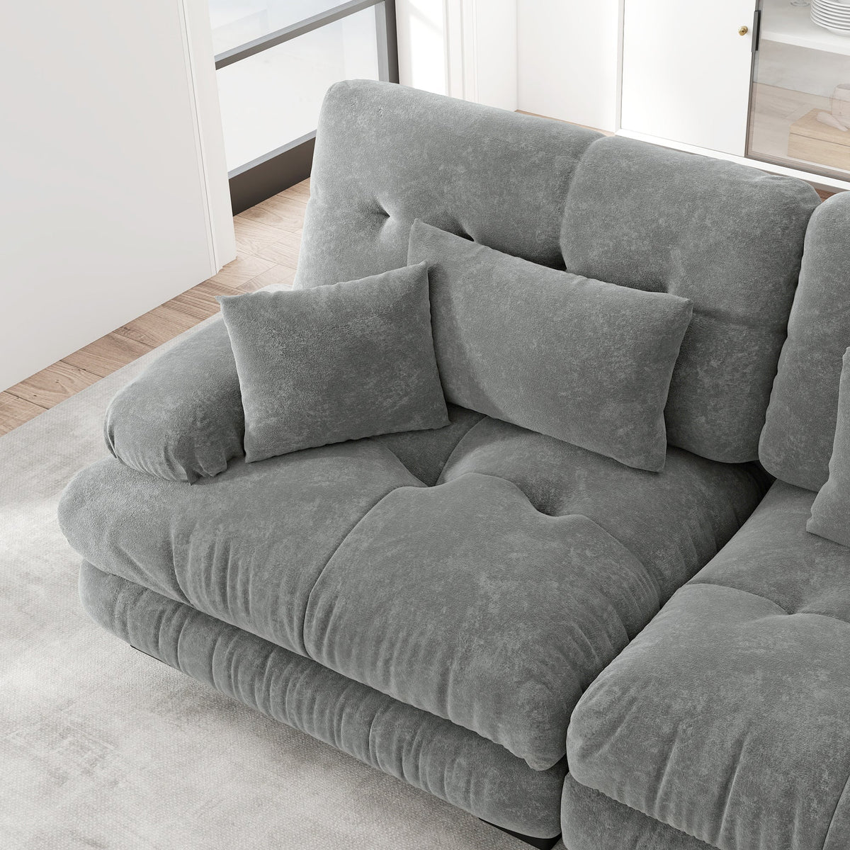 Cloud Corner Sofa, Double with Lumbar & Decorative Pillows, Wide Armrests & 2 Ottomans, Chenille Grey